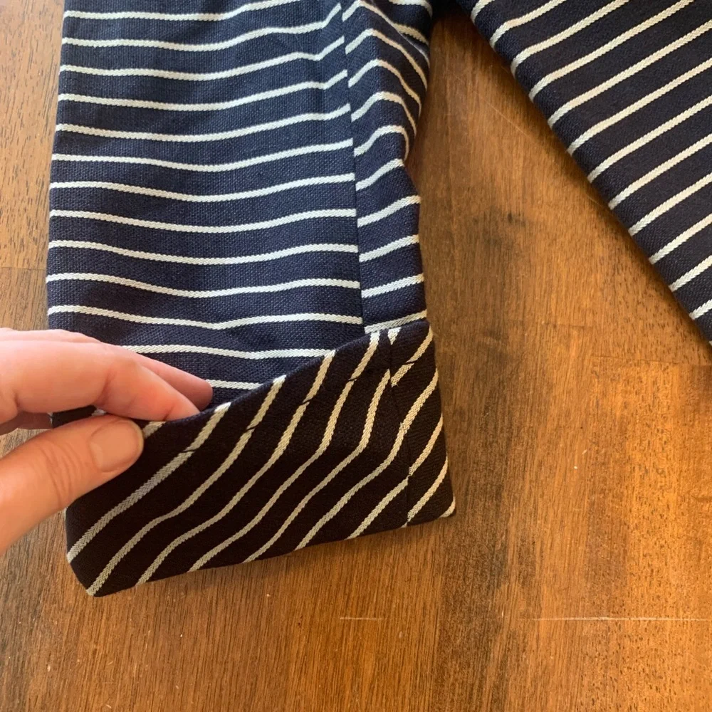 Coldwater Creek Blazer 8 Navy White Stripes 3/4 Sleeves One Button Jacket